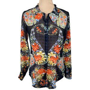 Cabi Amour Blouse Top Button Front Floral Sheer Size XS Blue Orange